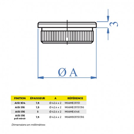 Bouchon plat percé M8 Inox Ø 42,4x2mm - Art Metal Design Shop